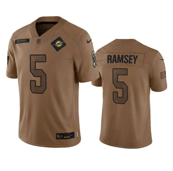 Mens Miami Dolphins #5 Jalen Ramsey 2023 Brown Salute To Service Limited Football Stitched Jersey Dyin->miami dolphins->NFL Jersey
